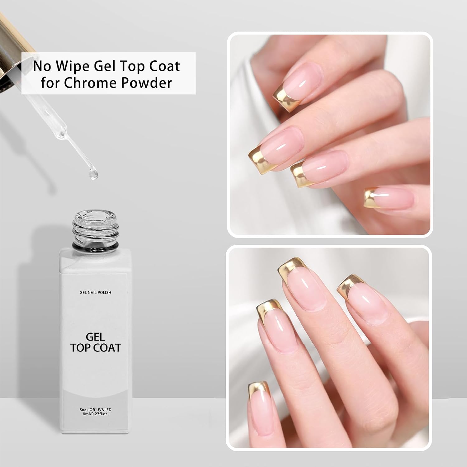Liner Gel Top Coat for Chrome Nail Powder, No Wipe Gel Top Coat Paint for Liner Nail Art DIY Soak Off UV Curing with Thin Brush