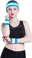 Vista 160 de ONUPGO - Conjunto de diadema y muñequeras deportivas para el sudor, hechas de algodón con bucles, muñequeras, contra humedad Rojo/Blanco/Azul