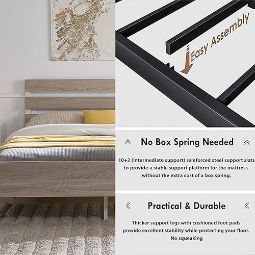 Miniatura 7 de Cama de plataforma de metal tamaño King con cabecero y estribo de madera, no necesita somier, fácil montaje, color blanco crema