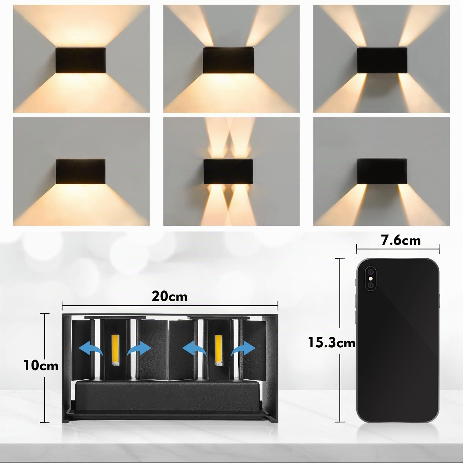 Aplique LED Moderno para Pared Exterior e Interior, IP65 Impermeable, 3000K Blanco Cálido, Aluminio, Ángulo de Haz Ajustable, Negro