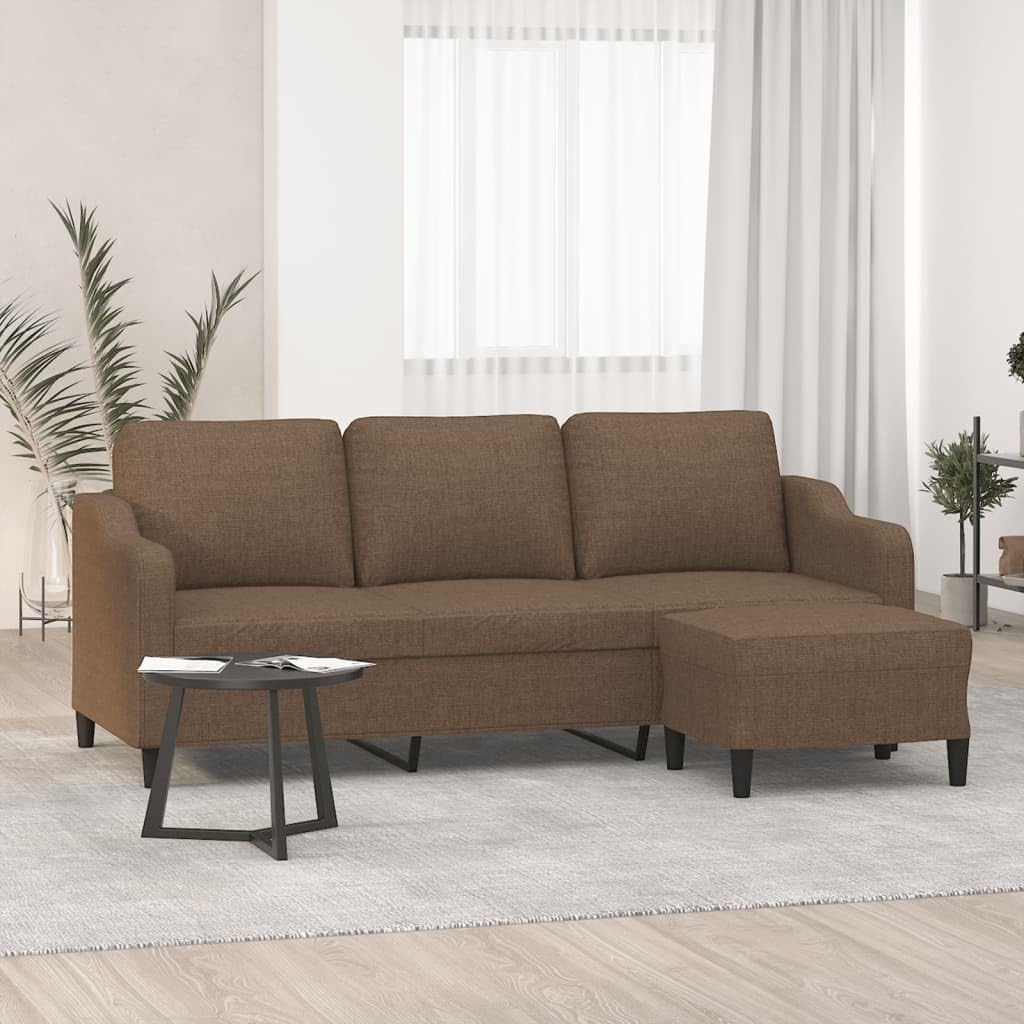 3-osobowa sofa z taboretem, brązowa, 180 cm, materiał tapicerowany, meble tapicerowane do salonu, salonu, pokoju gościnnego, z funkcją relaksu, miejscem do przechowywania, wysuwana, solidne