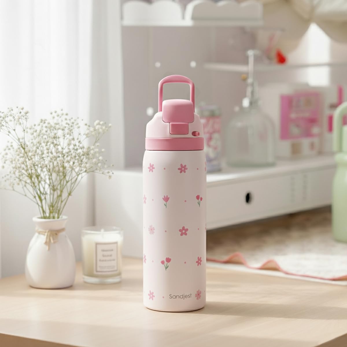 Floral Insulated Stainless Steel Water Bottle with Straw for Sports and Travel, 32oz, Gifts for Women Girls Friends Teens Birthday Christmas (Pink) - Image 7