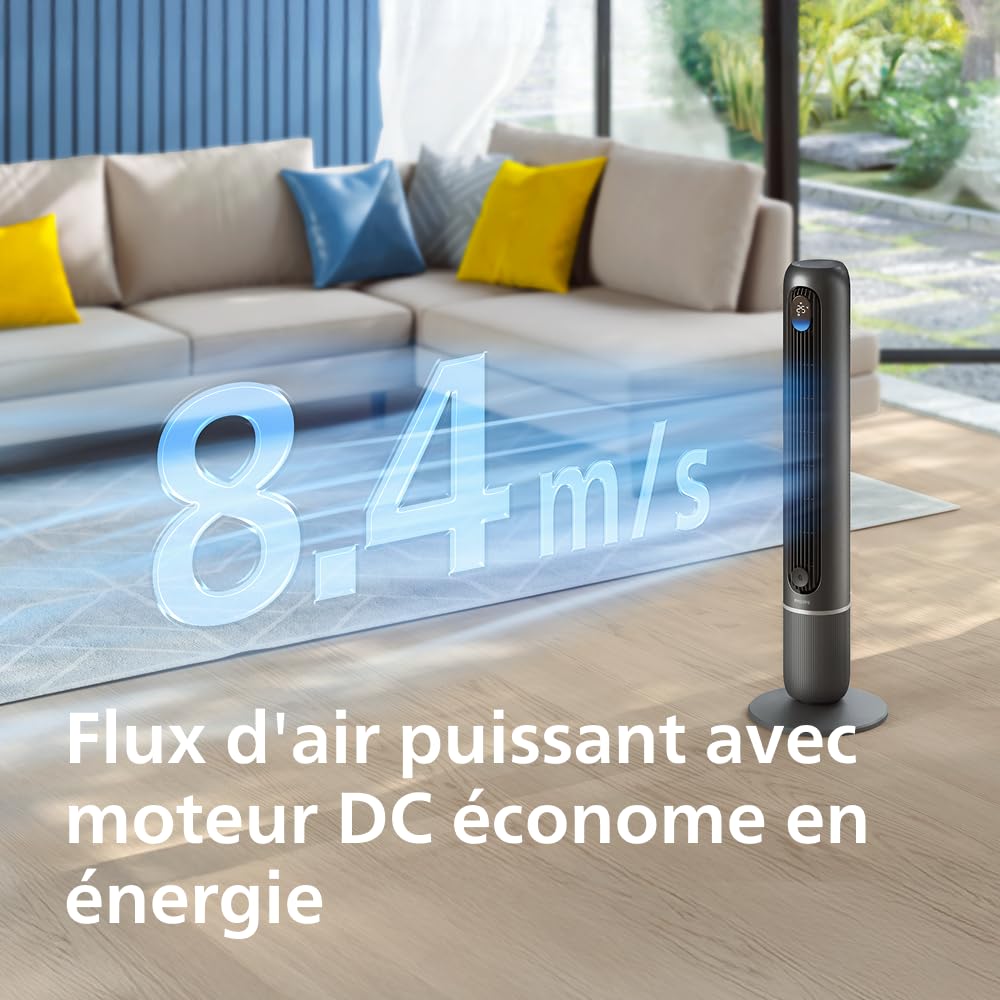 PHILIPS Ventilateur Colonne Série 7000 - Ventilateur connecté, Puissant 8,4 m/s, ultra-silencieux 22 dB, mode Sommeil, 12 vitesses, affichage température, minuterie 12h, oscillation 80° (CX7550/01)