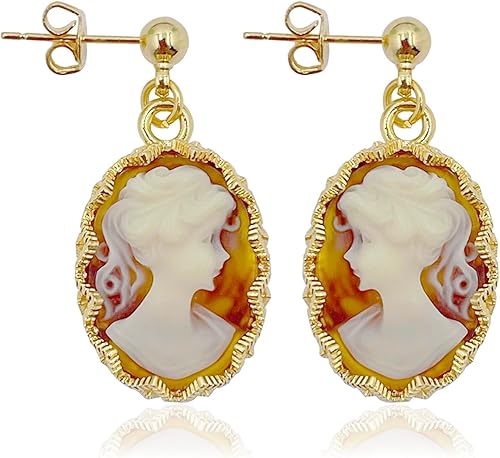 Aretes colgantes de silueta de camafeo de inspiración vintage, aretes de oro de 14 quilates para mujer