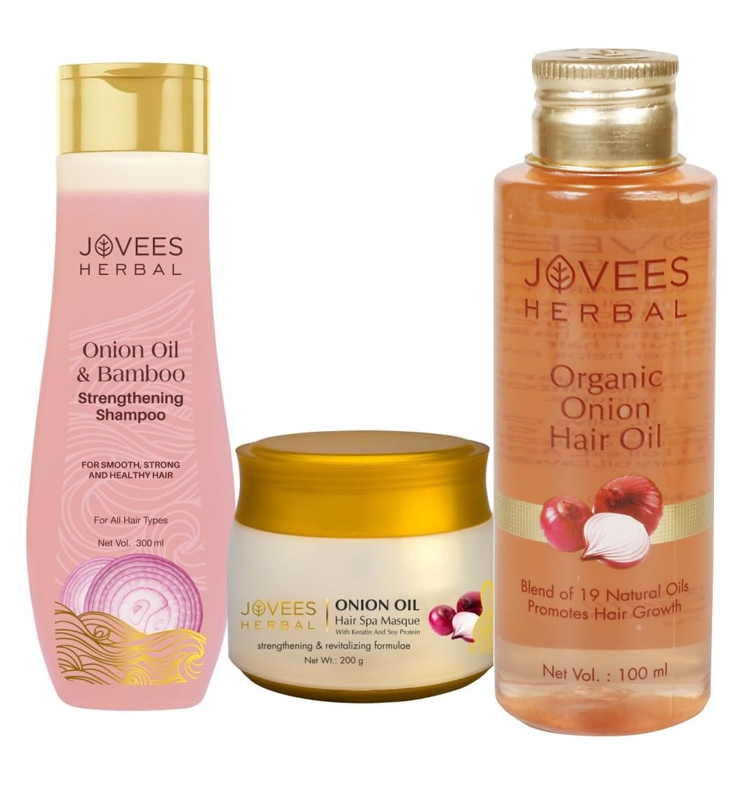 Jovees Herbal Red Onion Oil & Bamboo Strengthening Shampoo | Organic Onion Hair Oil | With Blend of 19 Natural Oils & Organic Onion Hair Spa Masque Set Of 3 Jovees Herbal Red Onion Oil & Bamboo Strengthening Shampoo | Organic Onion Hair Oil | With Blend of 19 Natural Oils & Organic Onion Hair Spa Masque Set Of 3