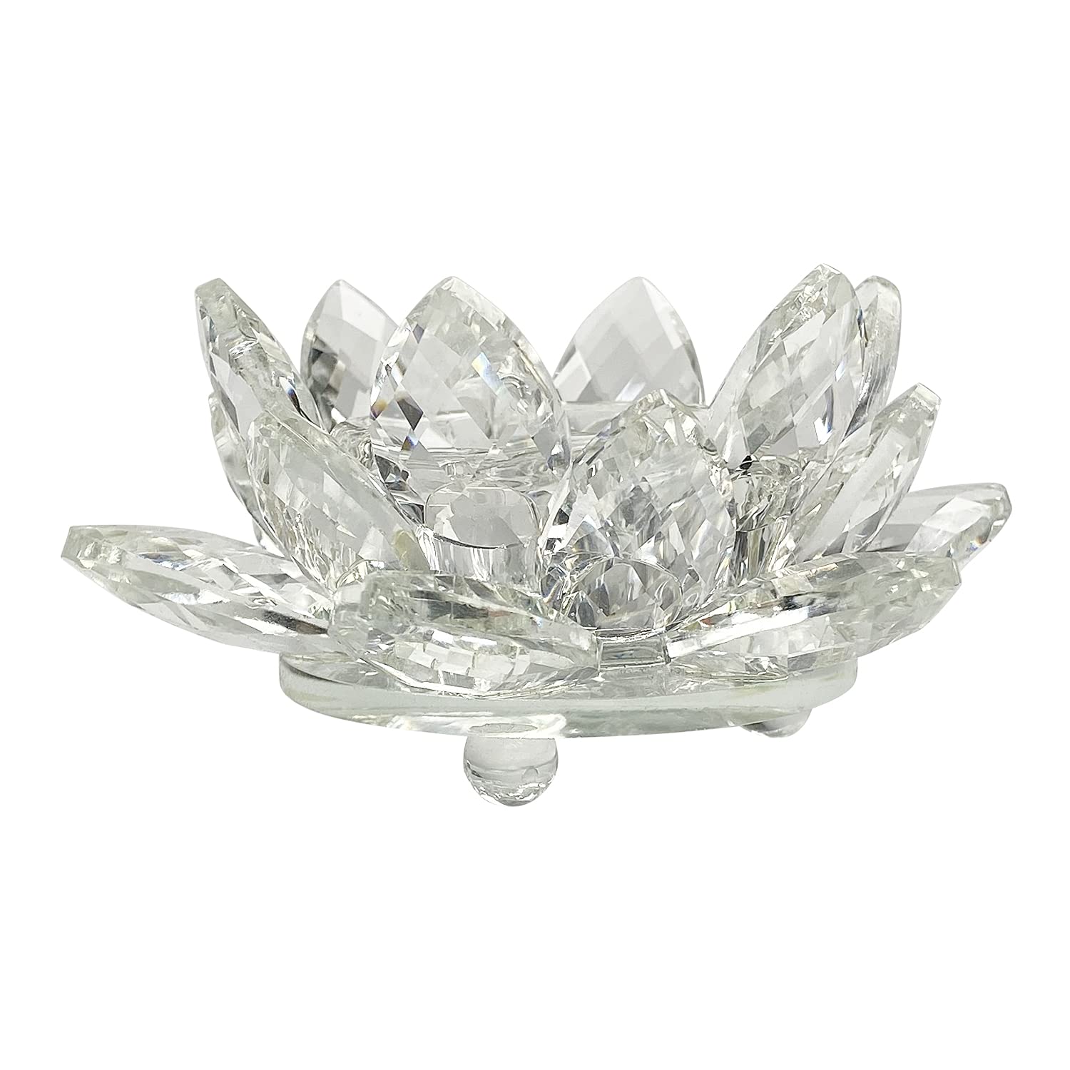 Spring.Rd Quartz Crystal Large Lotus Flower Candle Holder with Gift Box Crystal Lotus Flower Ornaments Tea Light Holder Craft Home Decoration Feng Shui Decoration 110mm (Clear)