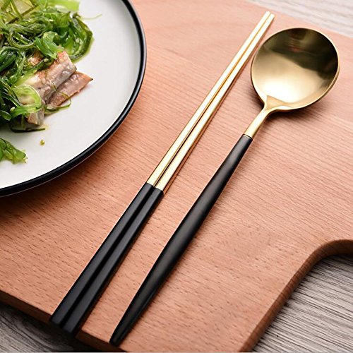 Autohome 2 Spoons and 2 Pairs Chopsticks Saintless Steel Dinner Flatware - Black&Golden