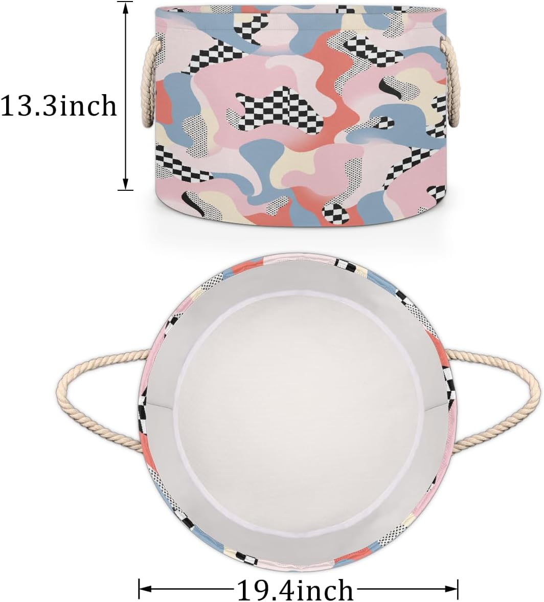 Large Storage Baskets - Pastel Camo Checkered Nursery Round Collapsible Organizer Bin Box, Laundry Hamper for Kids Toys, Blanket, Bedroom Living Room Home Decor, Gift Basket, 19.4"x13.3"