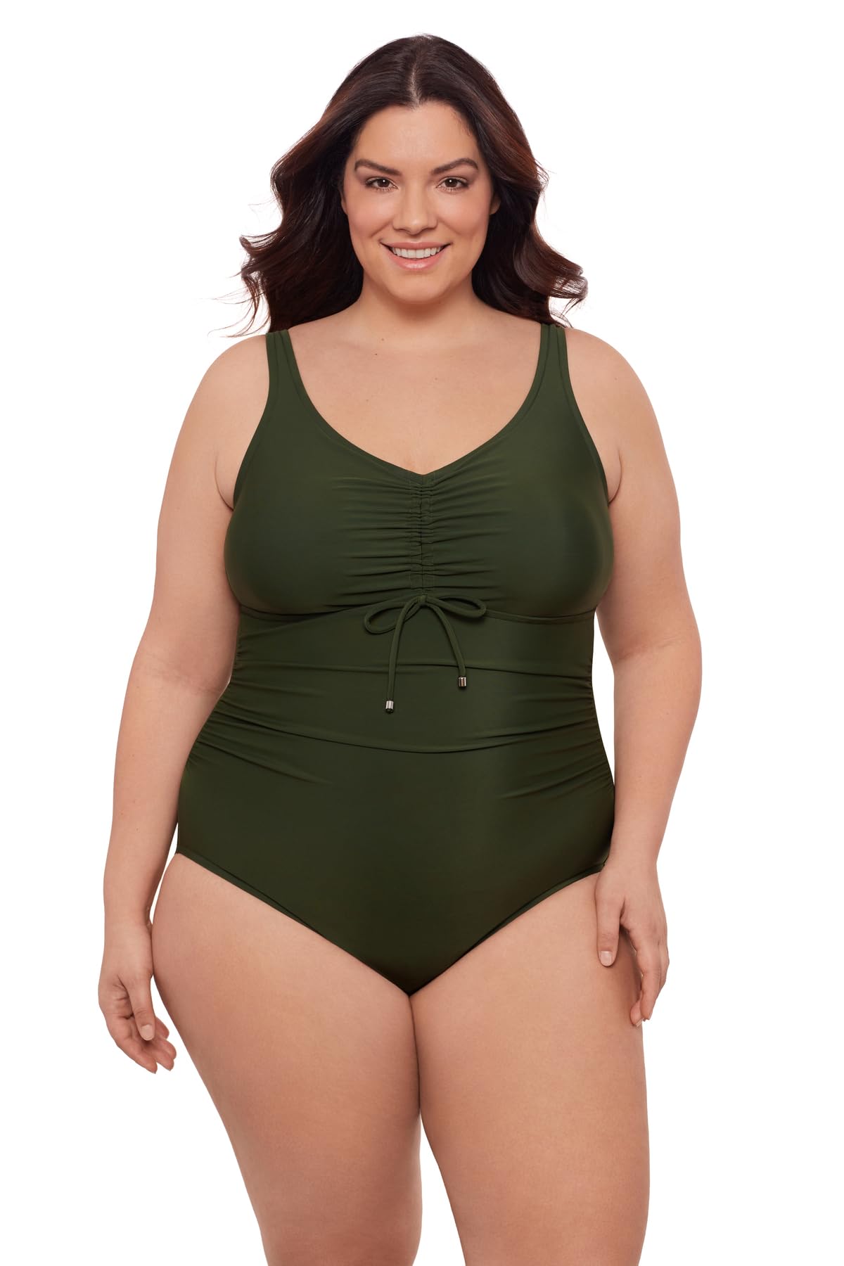 Aqua Green Womens Tummy Control Cinched V-Neck Side Shirred One Piece Swimsuit