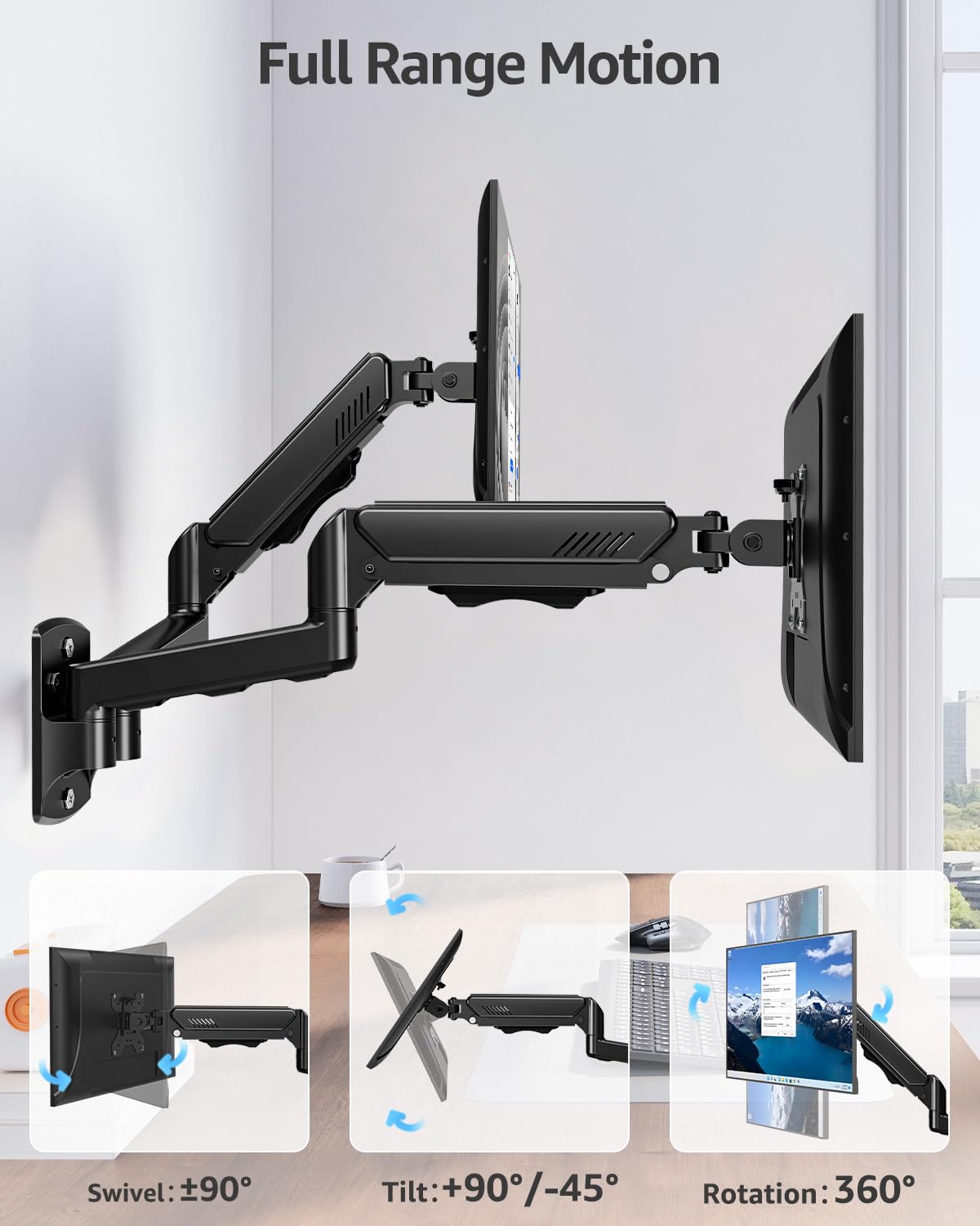 MOUNTUP Supporto da parete per doppio monitor per 2 schermi di computer da 32 pollici, braccio doppio completamente regolabile, supporto per monitor da parete supporto per monitor da 2 a 9 kg, staffa