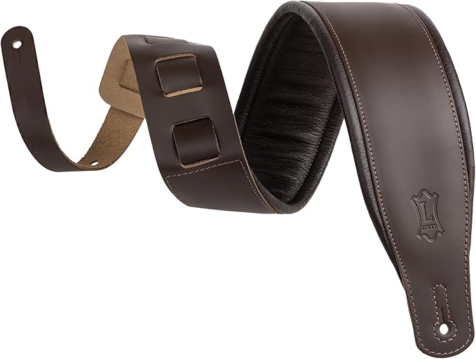 3 inch Top Grain Leather Guitar Strap in Dark Brown With 1/4 inch Foam Wrapped In Dark Brown Garment Leather. Ladder Style Adjustment From 37 to 51 inches.