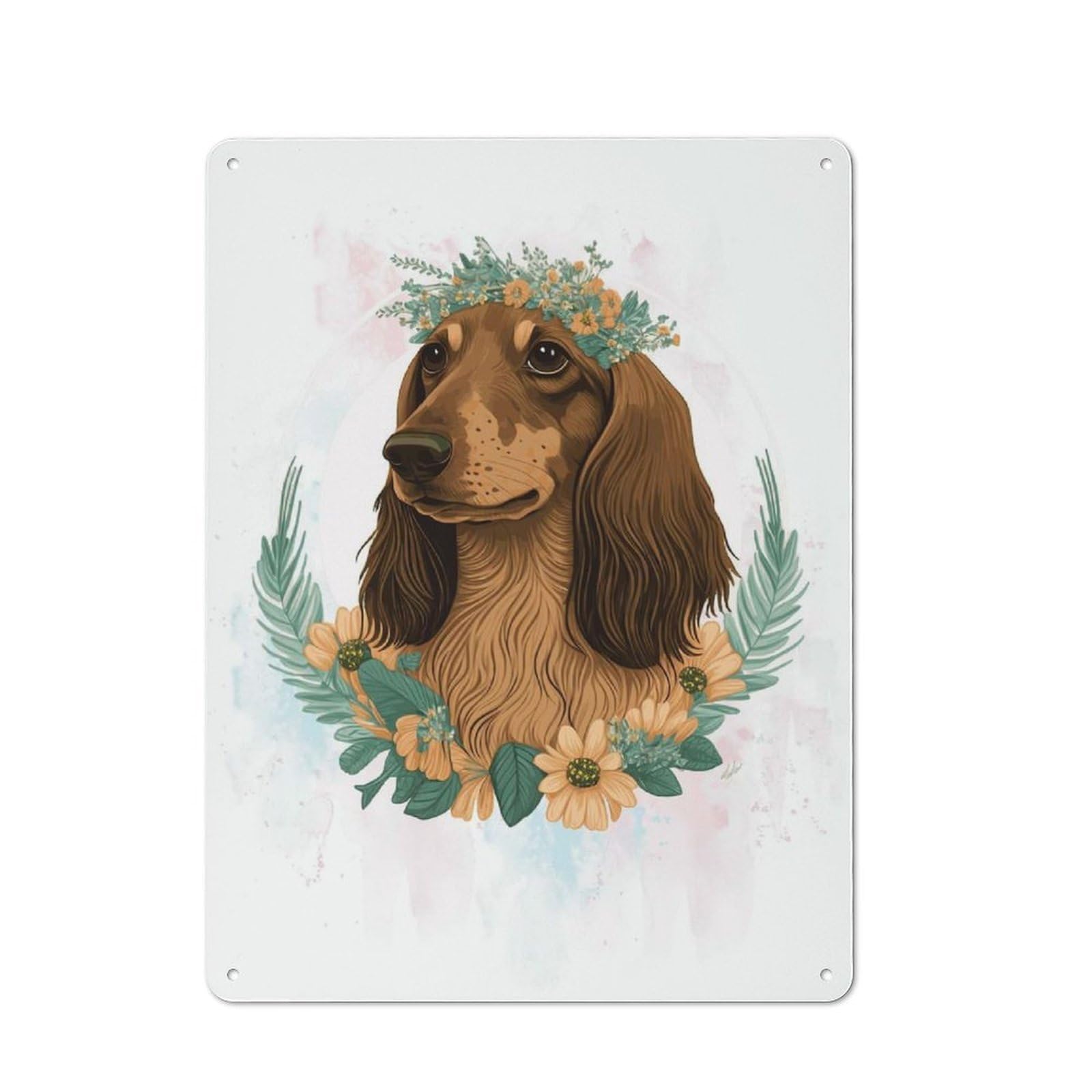 Decorative Tin Sign with Cute Flower Dachshund Dog Design 40x30cm, Farmhouse Cottage Wall Art for Farmhouse Kitchen, Pantry Or Dining Area