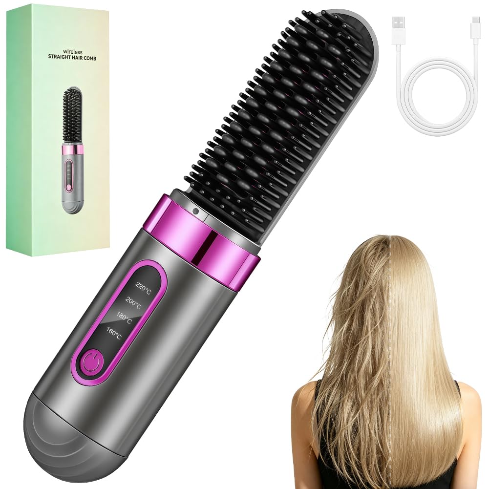 Brosse Lissante Sans Fil Rechargeable, Brosse Chauffante Coiffante Portable, Lisseur Boucleur Cheveux avec 4 Réglages de Température, Céramique Anti-BrûLure, Idéal pour Usage Quotidien et Voyage