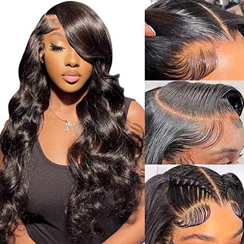 Lace Front Wigs Human Hair Pre Plucked 13x4 HD Transparent Glueless Body Wave Lace Front Wigs For Black Women Human Hair Wig 150% Density Frontal Wigs Natural Black Color (26 Inch)