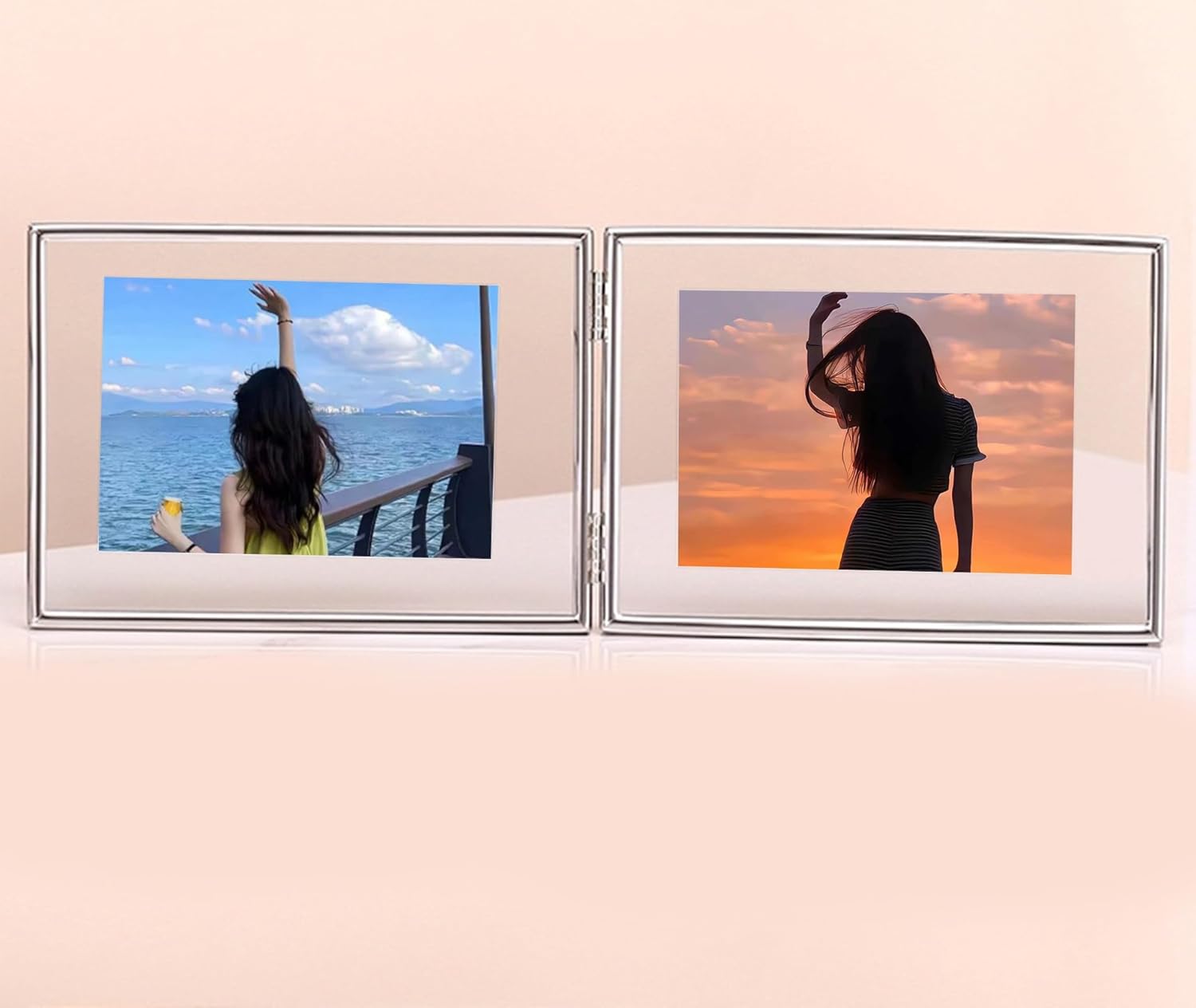 ANAZOZ Glass Photo Frame 4x6 Desk Top with 2 Openings, Metal Rectangle Picture Frames Double Horizontal for Table, Silver