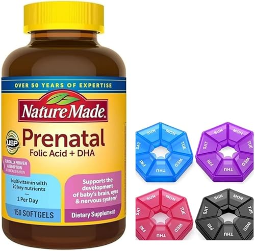 Miniatura 1 de Nature Made Prenatal con ácido fólico + DHA, 200 mg de vitamina prenatal y suplemento mineral para apoyo nutricional diario, 150 cápsulas blandas,