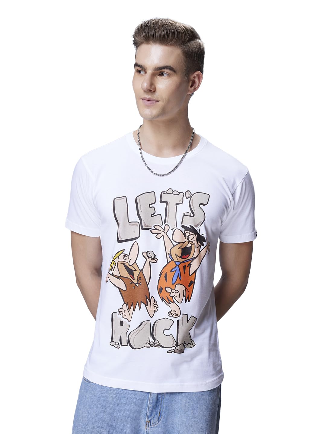 BewakoofX Cartoon Network Flintstones Men's Cotton Jersey Graphic Print Regular Fit Half Sleeve Round Neck T-Shirt | Tshirt for man | Tshirt for men cotton | Tshirts for men stylish | Casual Wear | Street Wear