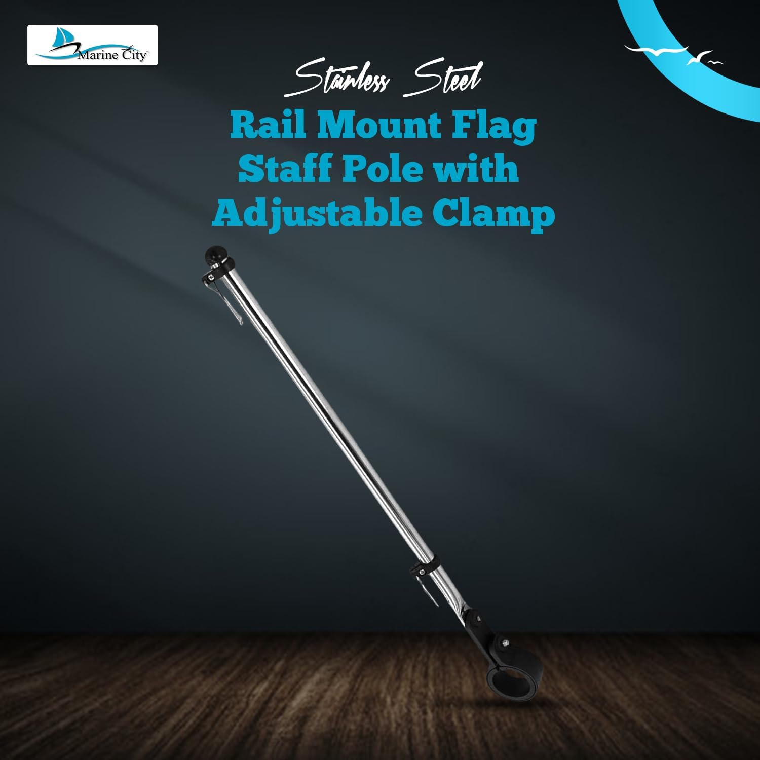 MARINE CITY 304 Grade Stainless Steel Sturdy Rail Mount Flag Staff Pole with Adjustable Rail Clamp for US Flag