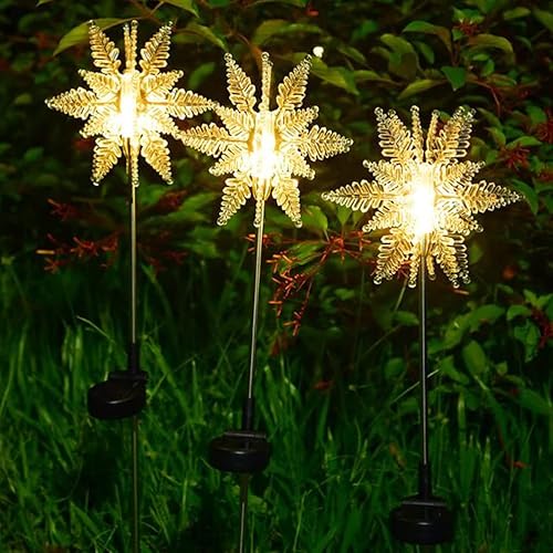 Miniatura 4 de Aolyty Luz solar de jardín para decoración al aire libre, paquete de 2 luces solares impermeables de estaca de copos de nieve de color blanco cálido