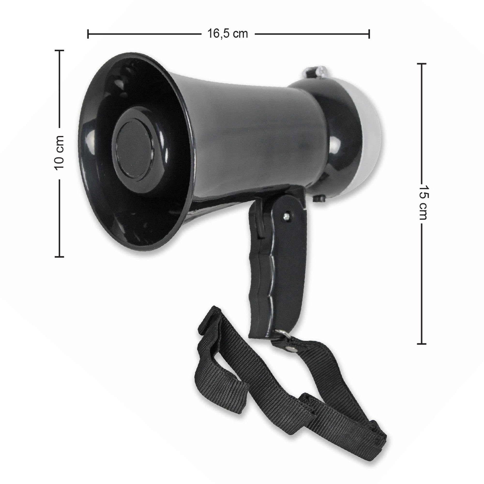 Mini Megáfono 10 W - Función Altavoz y Sirena - Volumen Ajustable - Funciona con 6 Pilas AA - 17 cm - Negro