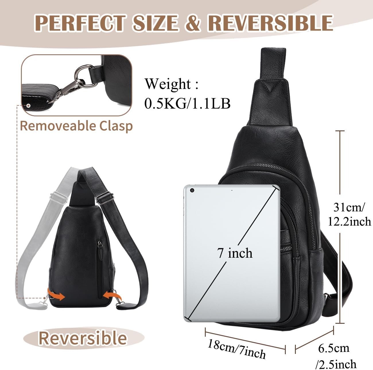 RAVUO Sling Bag, PU Leather Crossbody Backpack for Women Men Casual Hiking Daypack Multipurpose Chest Bag for Work College Black - Image 3