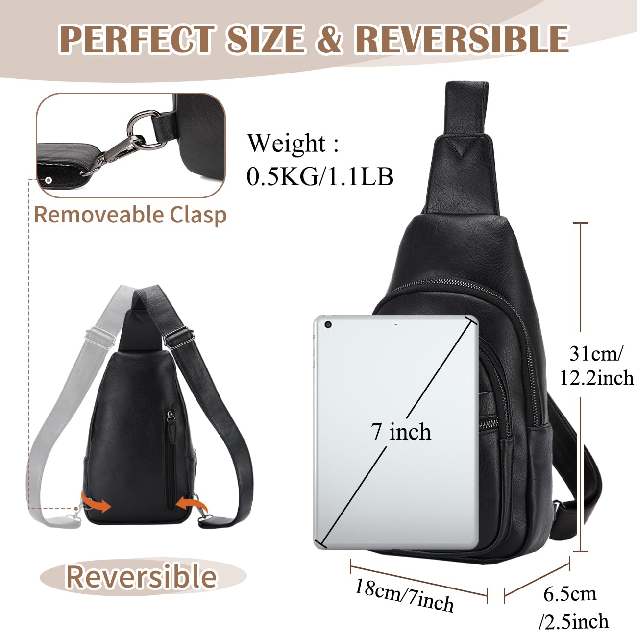 RAVUO Sac à Bandoulière Femme, Sac de Poitrine Cuir PU Mode Petit Sac à Main Sac Banane avec Bretelles Réglables Sling Bag pour Voyage Shopping Sport,Noir