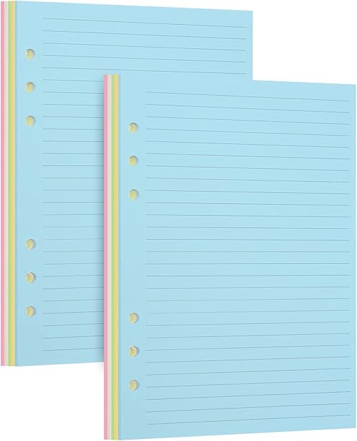 Lined Refill Paper, 2 Pack Colored Ruled Pages for A5 Refillable 6-Ring Binder Notebook Journal Planner Organizer, 6-Hole Punched Binder Refill Inserts, 2 Pack (Each Pack 50 Sheets/100 Pages)