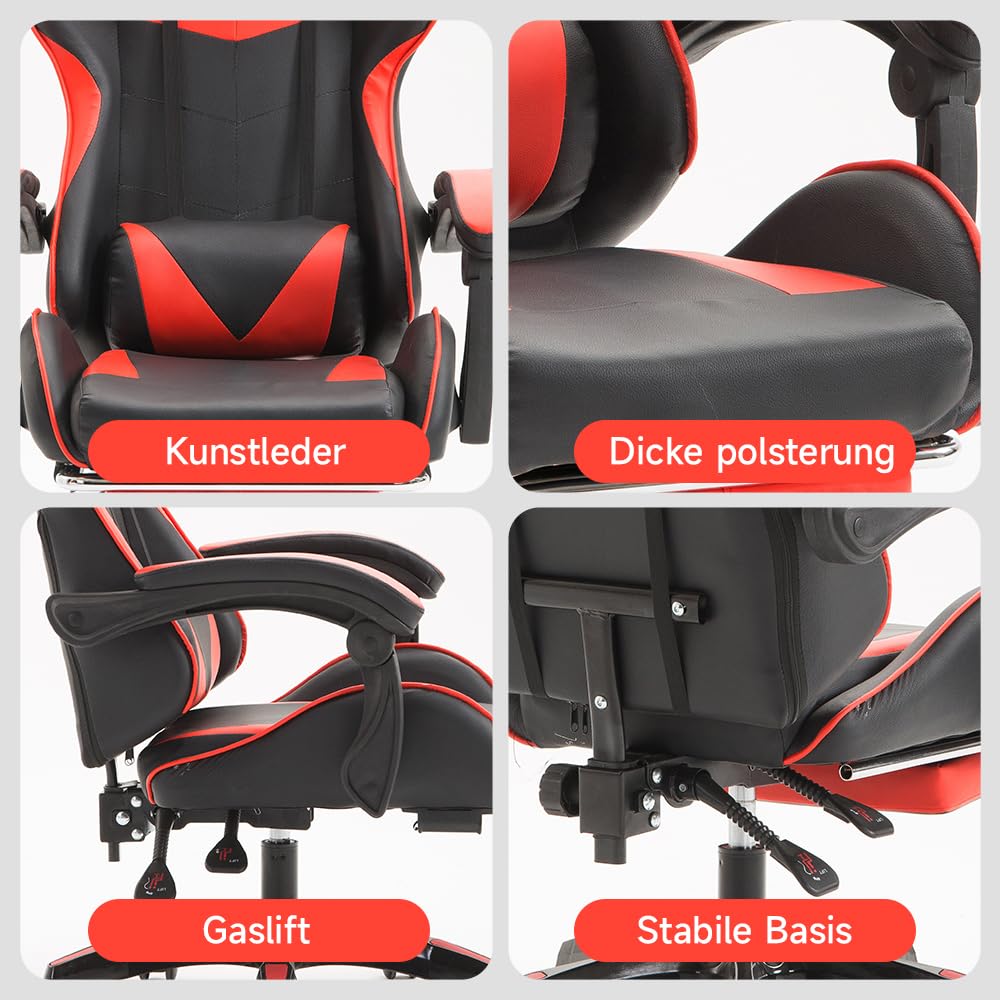 Chaise de Gaming Ergonomique - Hauteur réglable - Chaise de Bureau réglable (Rouge)