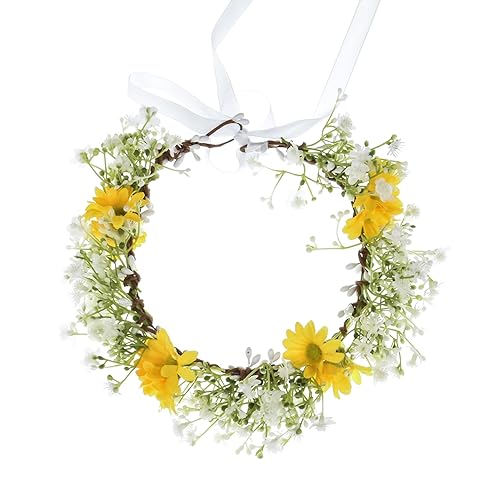 Miniatura 2 de Corona blanca de flor de aliento de bebé, corona de eucalipto, corona de dama de honor, diadema bohemia para el cabello DFS18 (amarillo margarita)