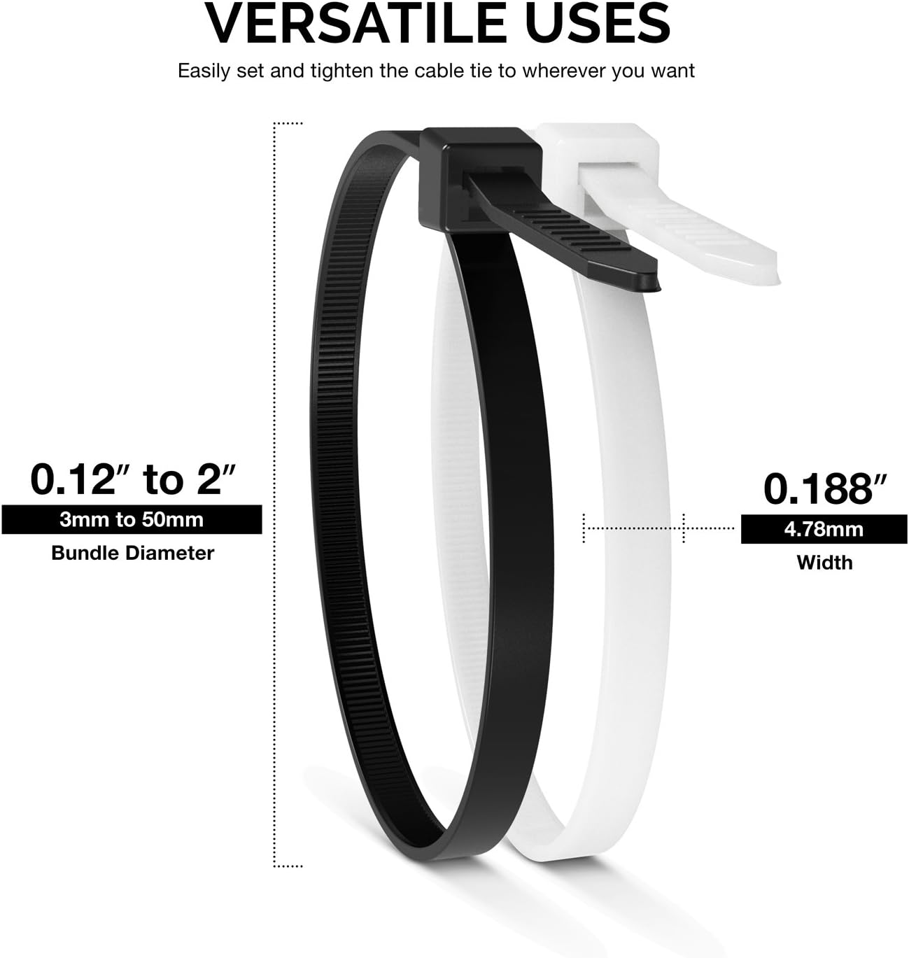 Neiko 51255A UV Black and Natural White 8-Inch Heavy Duty Cable Zip Ties, 200-Piece Assortment | 75 lb Tensile Strength