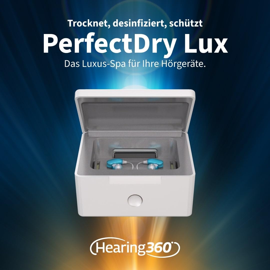 Hearing360 Perfect Dry LUX UV-Reinigungsstation Entfeuchtung Trocknung Hörgeräte Heißluftsystem LED-Anzeige