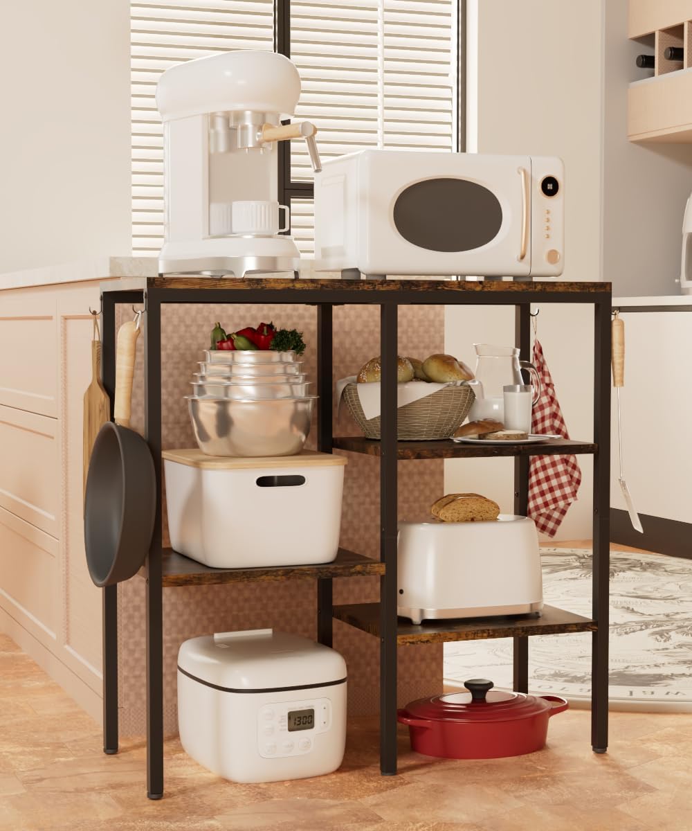 Artibear 4-Tier Kitchen Microwave Oven Stand, Adjustable Coffee Bar Station for Small Appliance, Baker's Rack with 4 Hooks & 5 Storage Shelves, Utility Rack for Kitchen, Living Room, Office, Black
