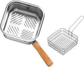 Small Stainless Steel Deep Fryer Pot with Basket & Wooden Handle Square Fried Basket Pan for French Fries Chicken Fish Shrimp Oil Fryer for Home & Restaurant Cooking