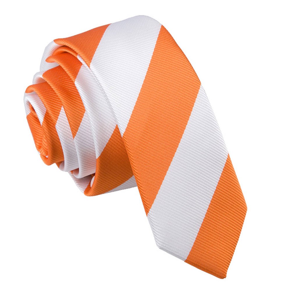 DQT Mens Striped Skinny Tie - 5cm Width Necktie - Wedding, Business & Formal - Orange and White