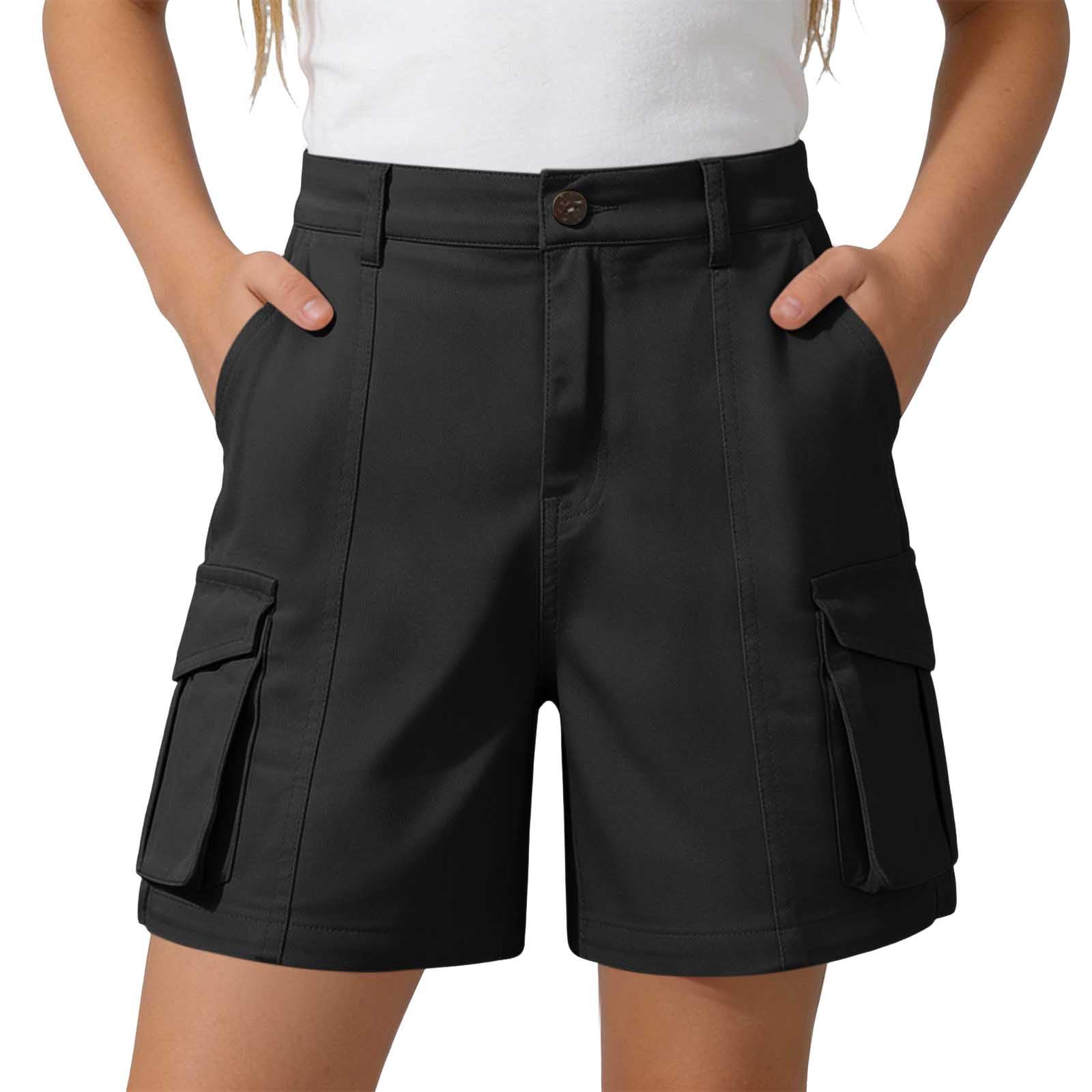 Generisch Kurze Hose Mädchen Sommer Bermuda Cargo Shorts Hohe Taille Cargoshorts mit Elastischem Bund und Taschen Wandershorts Einfarbige Knöpfen Stoffshorts Stretch Casual Cargohose Outdoor Golfhose