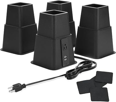 Heavy Duty Bed Risers with Power Outlet and USB, Adjustable 3, 5 or 8 Inch Bed Frame Lifts Raisers for Furniture, Bed, Sofa, College Dorm Twin, Supports up to 1500 lbs Set of 4