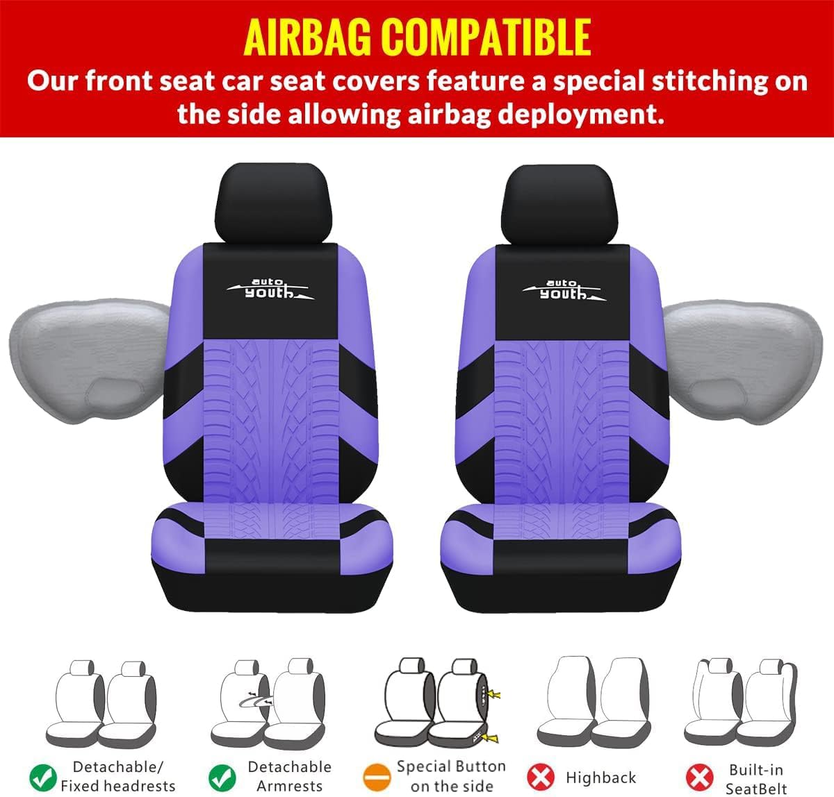 AUTOYOUTH Purple Car Seat Covers Full Set, 3D Tyre Embossed Front Bucket & Split Rear Bench Covers, Airbag Compatible, Quick Setup Universal Fit for Car, SUV, Seat Protectors