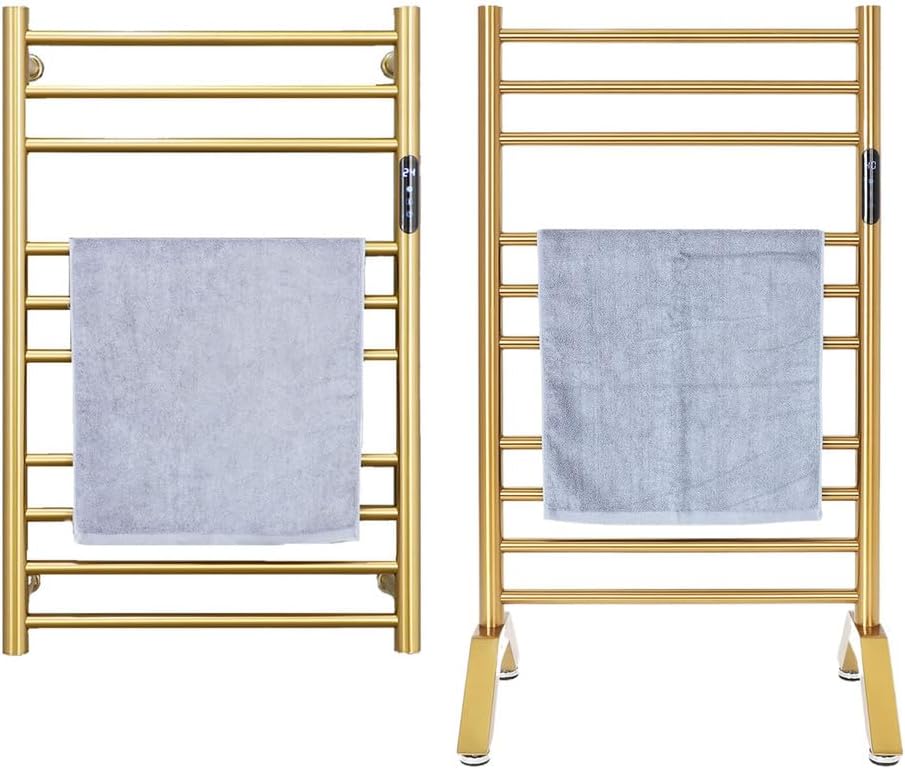 Heated Towel Racks for Bathroom,Stainless Steel Hot with Built-in Timer,Plug in Free Standing & Wall Mounted Heated Towel Rack Radiator 10 Bars,Gold
