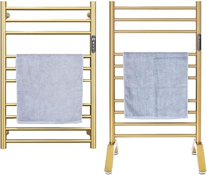 Heated Towel Racks for Bathroom Plug-in,Radiator 10 Bars Hot Towel Warmer with Built-in Timer,Free Standing & Wall Mounted Stainless Steel Heated Towel Rack,Gold