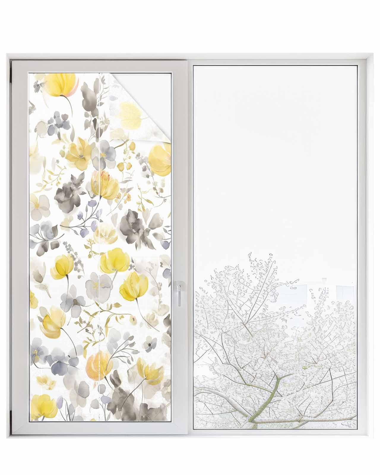 Lsrtoss Window Privacy Film, Yellow Grey Botanical Window Clings Non-Adhesive Door Cover, Spring Floral Watercolor Window Film Decorative, Removable Window Tint for Bathroom/Classroom 29.5