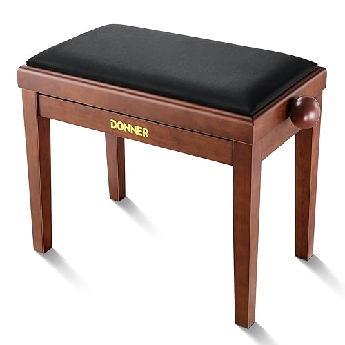 Donner Adjustable Piano Bench-Solid Wood Keyboard Bench Piano Chair Seat with High-Density Sponges Cushion，Traditional Vintage Wooden Piano Stool with Metal Lifting Devices, Brown-Matt