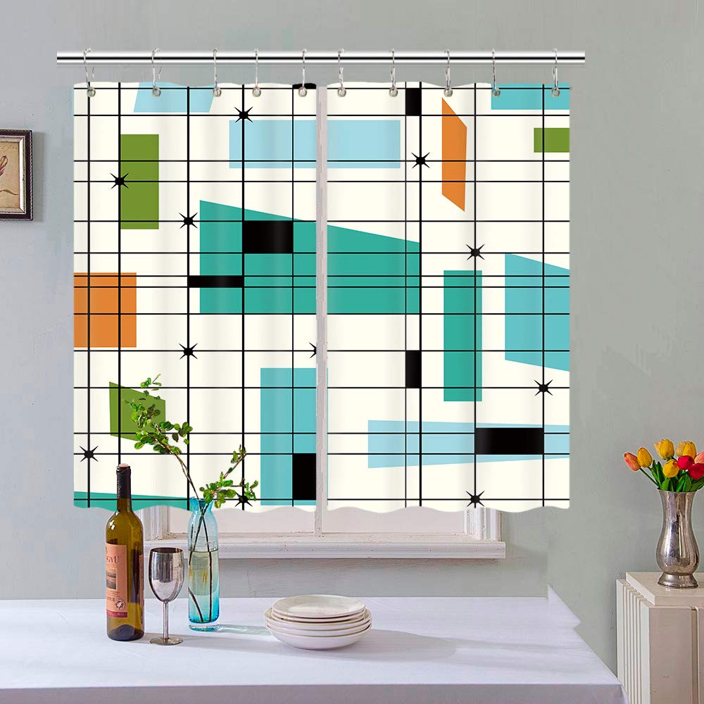 Mid Century Kitchen Curtains, Teal Mid Retro Grid Starbursts Orange Century Modern Retro 1950S 1960S MCM Window Curtain Panel, Retro Modern Window Curtain Panels Sets with Hooks (55X39)