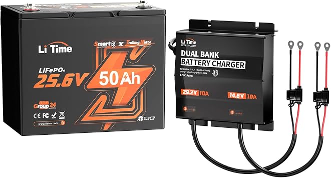 LiTime 24V 50Ah Deep Cycle Lithium Battery with 29.2V&14.6V 10A Charger, Bluetooth 5.0, Low-Temp Protection, Buit in 50A BMS, Group 24, Perfect for Trolling Motors, Yacht, Marine, Boat, RV