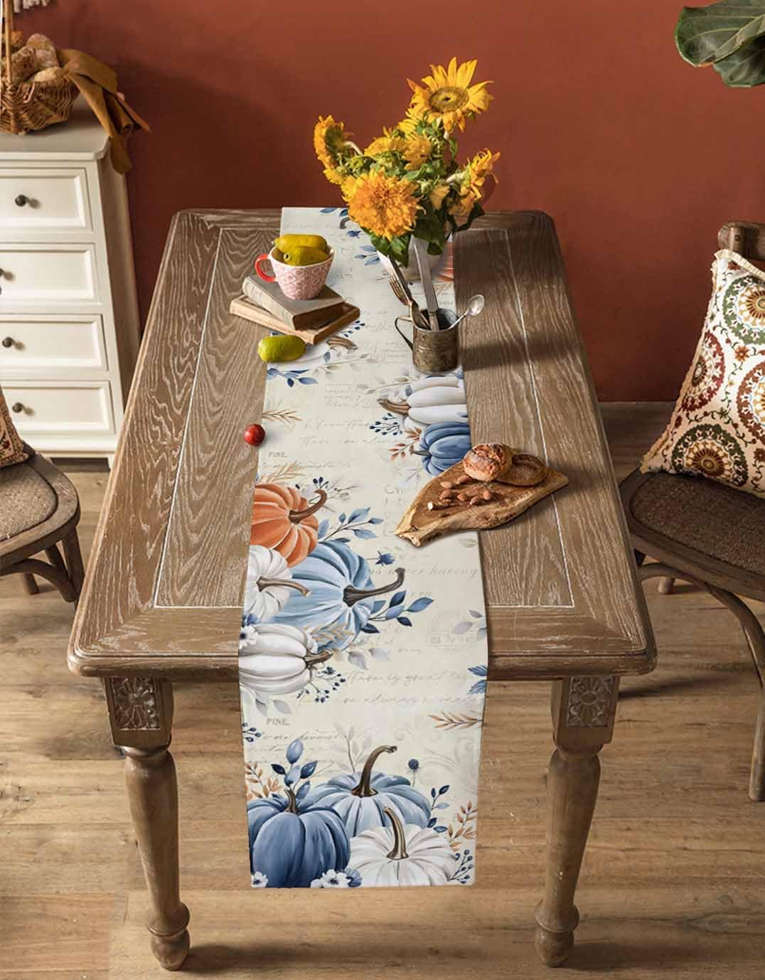 Thanksgiving Fall Table Runner - 72 Inch Long Maple Leaf Blue Gray Pumpkin Cotton and Linen Blended Dress Scarves Farmhouse Table Runner for Kitchen Dining, Coffee Table, 18" x 72"