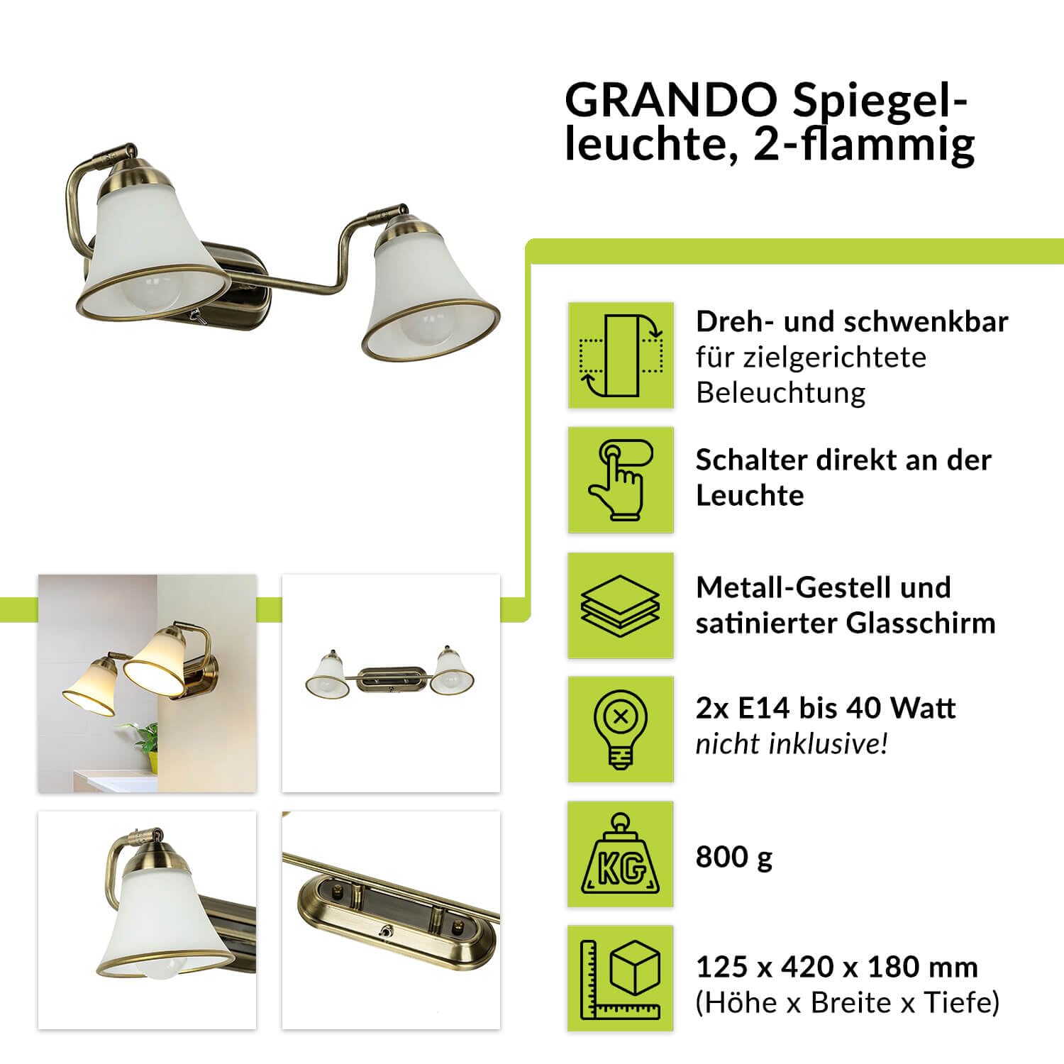 Licht-Erlebnisse Wandleuchte Bad verstellbar mit Kippschalter, Spiegelleuchte, Jugendstil, schwenkbar, Bronze, blendarm, Glas, 2-flammig, E14, B:42 cm, Wandlampe Spiegel
