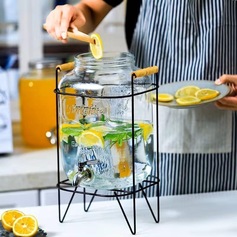 Image of Glass Beverage Dispenser with Metal Stand, 5 Liter Drink Container with Spigot and Wooden Handle Perfect ForJuice Infused Water Beer Dispenser Party,Bars,Home & Restaurants Set of 1
