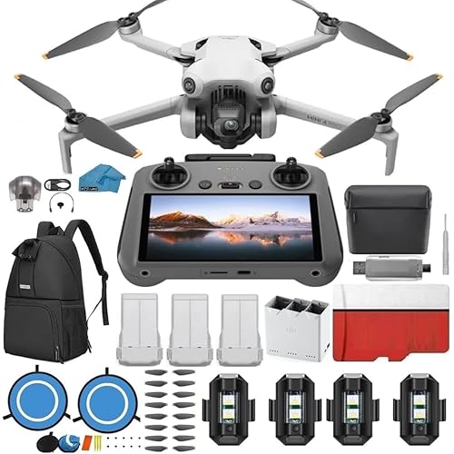 DJI Mini 4 Pro Folding Drone with RC 2 Remote (With Screen) Fly More Combo, 4K HDR Video Camera for Adults, Under 249g, Omnidirectional Sensing, 3 Batteries Bundle with 128 gb SD Card Strobe Lights and More