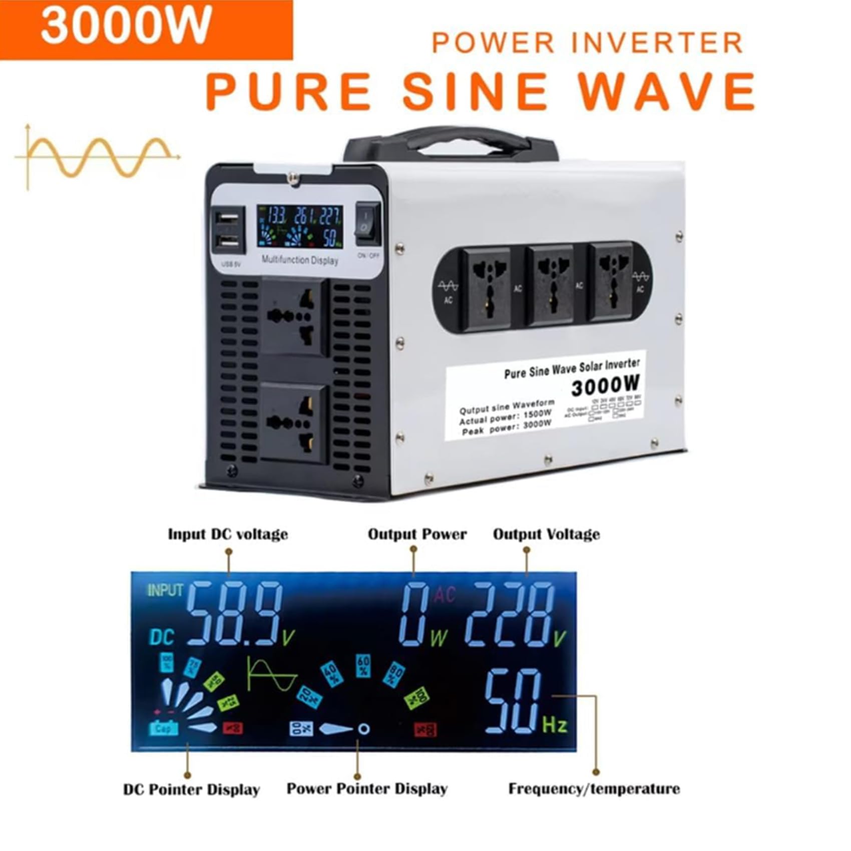 48V to 230V 50HZ,Przetwornica mocy samochodowa, 3000W czysta sinusoidalna przetwornica z wyświetlaczem LCD, 5 gniazdek AC, DC 12V 24V 48V 60V 72V na AC 110V 230V