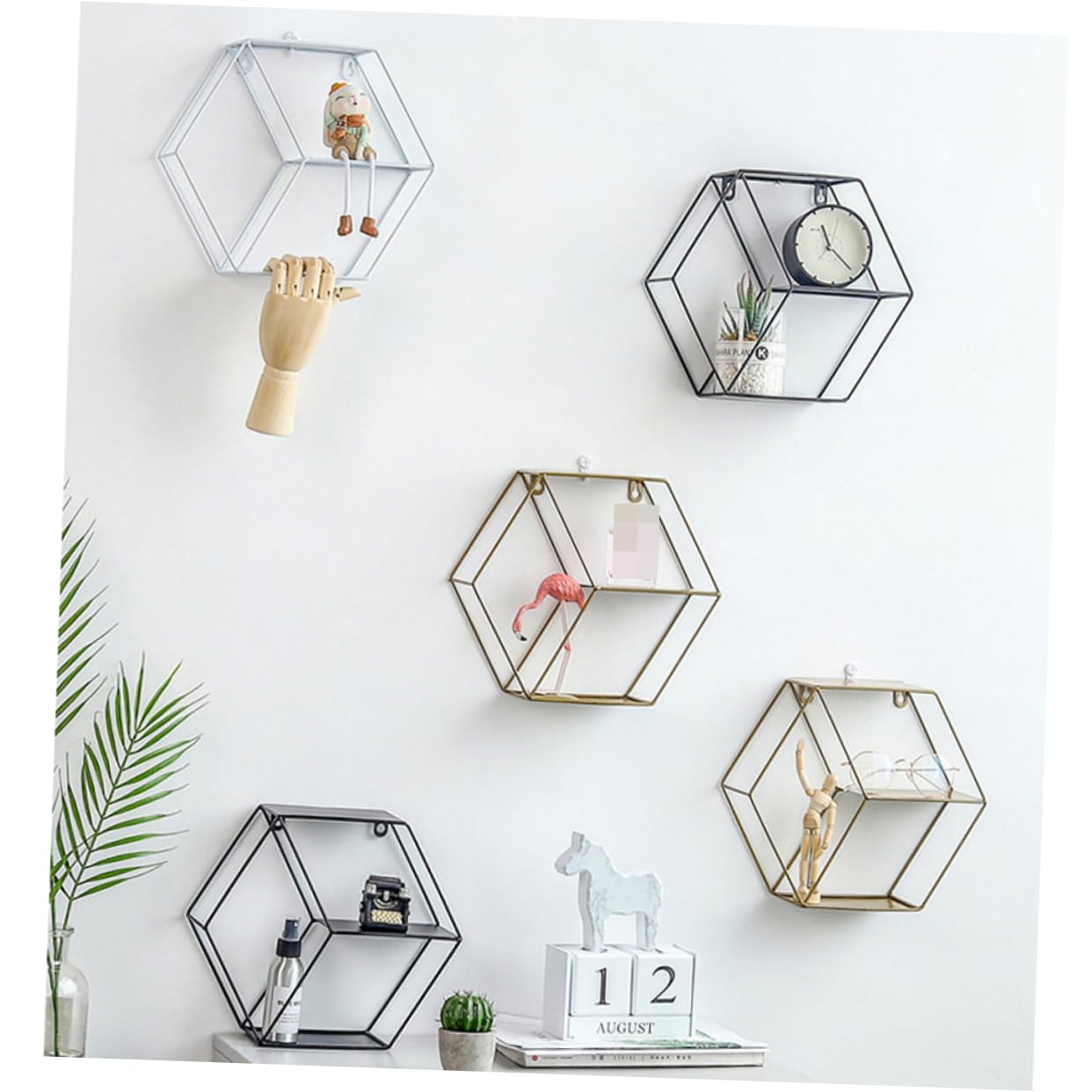 ABOOFAN Creative Nordic Hexagon Storage Rack Double Layer Wall Hanging Shelf for Living Room Bedroom Iron Wrought Design Easy Installation Versatile Home Decor White