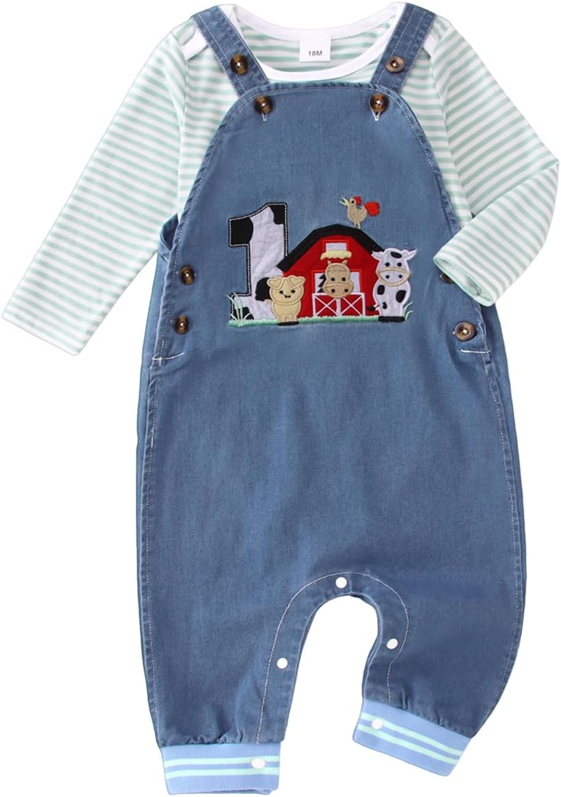 Baby Boy Girl First Birthday Outfit Long Sleeve Stripe Romper One Year Old Overalls 1st Birthday Pants Clothes Set